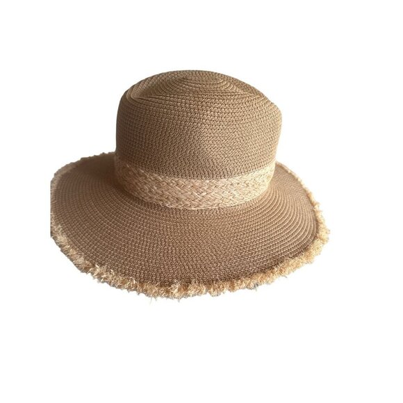 Beige Woven Braided Raffia Sun Hat Fringe Edge One Size Adjustable - Picture 3 of 6